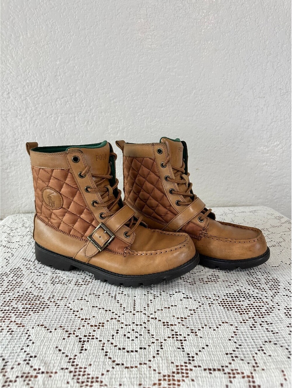 Polo Ralph Lauren Ranger Hi Boots Tan Leather Quilted Men's 6 Women's 7.5 EU 39
